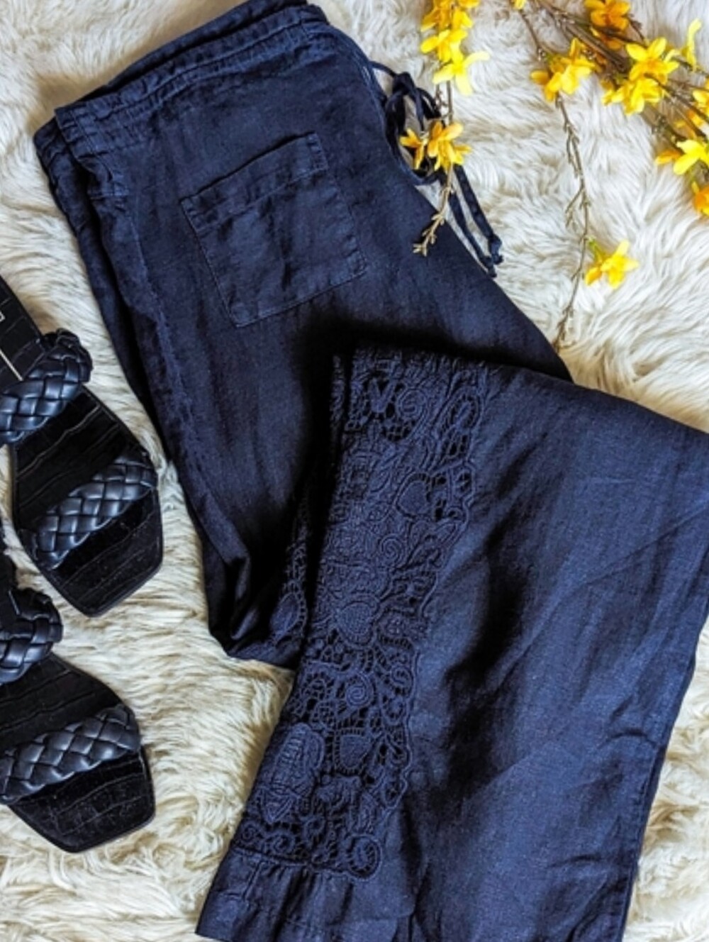 EUC Johnny Was Embroidered Linen Trousers in Black